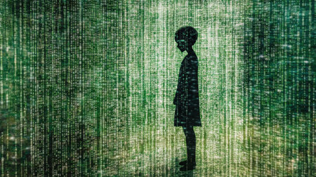 D human-AI interaction concept visualized with layered code and abstract connectionsの素材