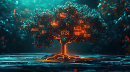 Abstract glowing idea tree with circuits and innovation symbols as branchesの素材