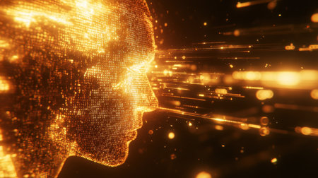 Abstract head silhouette filled with gears, binary code, and digital light particlesの素材