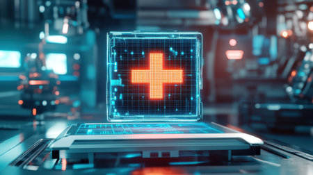 Abstract innovation symbol glowing above a metallic platform in a labの素材