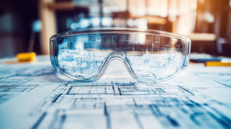Augmented reality headset displaying engineering innovation blueprintsの素材