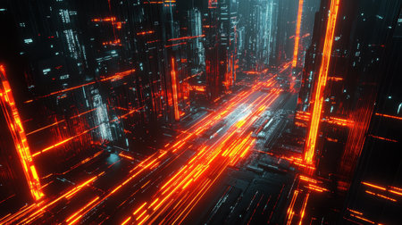 AI chip integrated into a futuristic motherboard with glowing lines and matrix-style designの素材