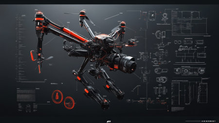 Drone technology shown in exploded view with internal components labeled digitallyの素材