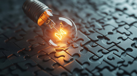 Abstract visual of puzzle pieces forming a glowing lightbulb symbolizing problem-solving and new ideasの素材