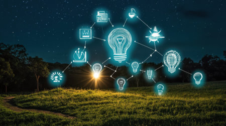 Business icons forming constellation in night sky, symbolizing visionary new business thinkingの素材