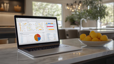 Open laptop on desk showing project management dashboard and business milestones timelineの素材