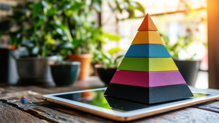 Strategy pyramid model displayed digitally on a modern tablet in an office settingの素材
