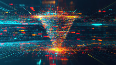 Structured innovation funnel with digital arrows guiding stages of developmentの素材