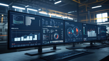 Touchscreen interface displaying digital transformation KPIs and ROI indicatorsの素材