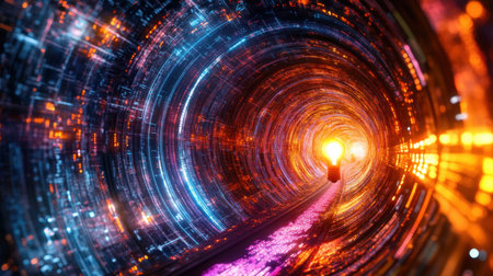 Virtual lightbulb illuminating a leadership path over abstract tech-driven backgroundの素材