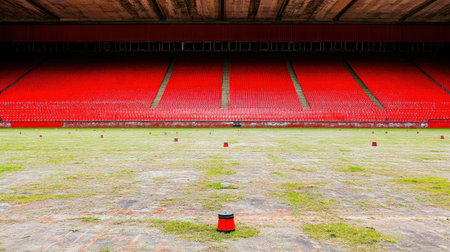 Archery range in stadium, target butts lined, shooting line marked, ready for competitionの素材