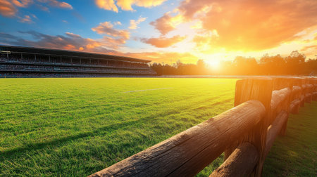 Stadium fencing and barrier separating field from seating area under daylightの素材