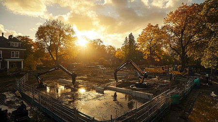 Concrete foundation being poured with robotic arms on a modern construction siteの素材