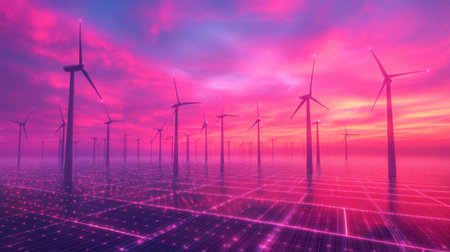 Renewable energy concept with wind turbines and holographic solar gridsの素材