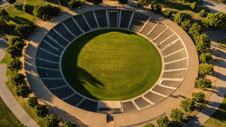 Circular stadium shape seen from high angle with landscaped surroundingsの素材