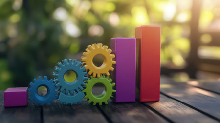 Visual of bar chart and gears symbolizing continuous improvement in business strategyの素材