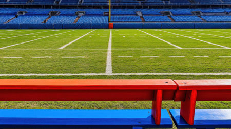 Bleacher view looking across the field toward far goalpost in an empty stadiumの素材