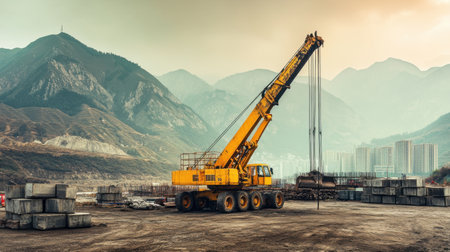 Yellow crawler crane parked on a dirt lot surrounded by concrete blocks and scaffoldingの素材