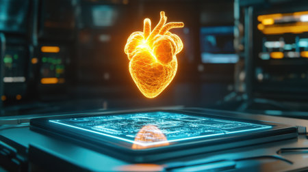Holographic heart model floating above smart tablet in a futuristic med-tech settingの素材