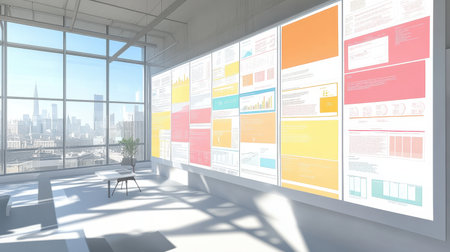 Smart office wall with layered visual showing innovation prioritization frameworkの素材