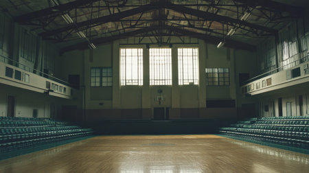 Indoor basketball arena with polished court floor, high ceilings, and empty bleachersの素材