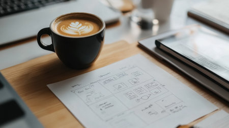 Startup office desk with product roadmap sketches and metrics printed beside coffeeの素材