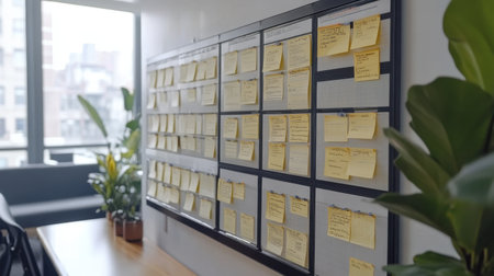 Workflow board with task columns Backlog, In Progress, Launch, and Evaluate in startup officeの素材