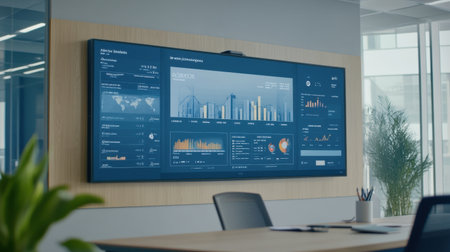 Wall-mounted innovation dashboard displaying predictive analytics in a smart officeの素材