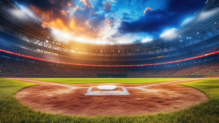 Baseball diamond in the middle of a large, empty stadium with green outfield grassの素材