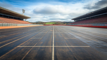 Motor racing track in stadium, grid positions marked, barriers and signage in placeの素材