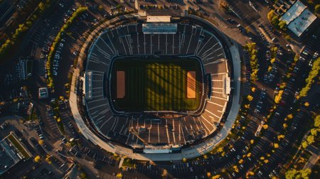 Drone shot of grand stadium shadowing nearby parking lots and open plazaの素材
