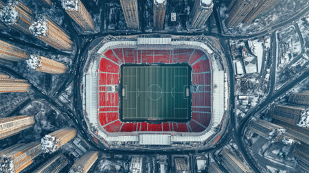 Aerial view of empty football stadium surrounded by urban cityscape and parked carsの素材