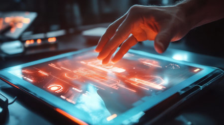 Touchscreen business model with glowing icons showing strategic planning and scalingの素材