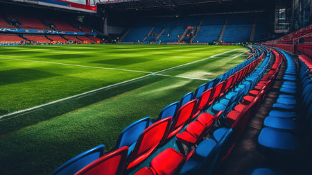 Blue and red seats wrapping around a vibrant green football pitch with no activityの素材