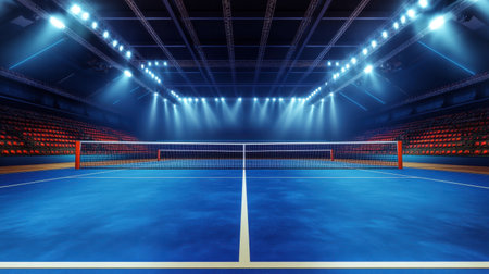 Badminton court in stadium setting with net raised and lighting adjusted for tournament playの素材