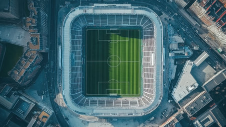 Aerial drone view of a colossal stadium surrounded by urban buildings and empty standsの素材