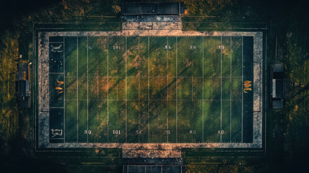 American football field with yard lines, goalposts, and no audience presentの素材