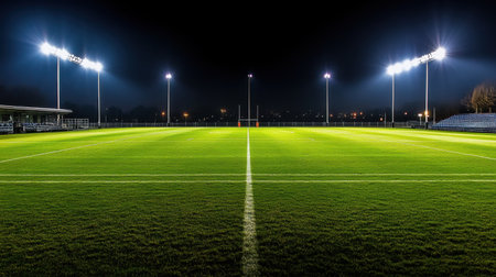 View from top row of an illuminated stadium at night, vibrant field and empty standsの素材