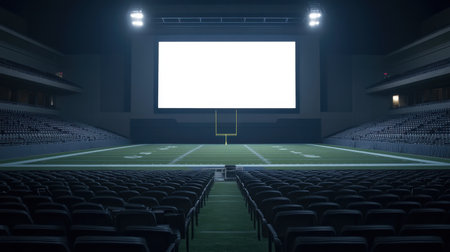 Press box and scoreboard in a silent football stadium, lights off and field emptyの素材