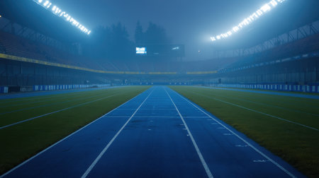 An empty race track under bright stadium lights, lanes perfectly marked for competitionの素材