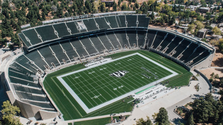Aerial view of a professional football stadium with green turf, white markings, and empty standsの素材