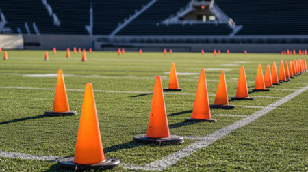 Tactical setup with cones and markers on a silent stadium field ready for practiceの素材