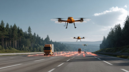 Aerial view of drones actively delivering packages over a busy highway lined with trucks. The scenic forest backdrop highlights modern logistics and innovation.の素材