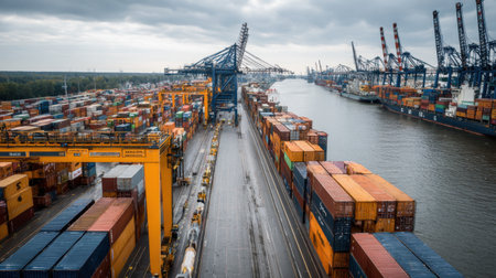 This aerial image captures a bustling container port filled with cranes and stacked cargo boxes, illustrating the essence of global trade and logistics.の素材
