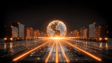 This image showcases a futuristic visualization of the global supply chain network, featuring shipping containers and an illuminated world map, symbolizing trade and logistics.の素材
