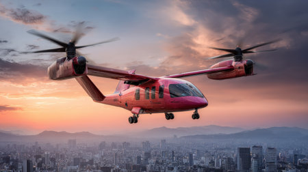A stunning futuristic helicopter hovers over a sprawling urban skyline during sunset, showcasing vibrant colors and dramatic clouds in the sky.の素材