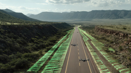 A stunning aerial view capturing drones flying over an expansive open road, complemented by striking green digital graphics against a majestic mountain backdrop.の素材