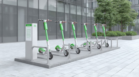A line of contemporary electric scooters parked neatly at a modern rental station in an urban setting, showcasing eco-friendly transportation options for city residents.の素材