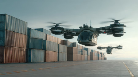 Two futuristic drones fly above a busy cargo terminal, showcasing advanced delivery technology over rows of shipping containers in an industrial landscape.の素材