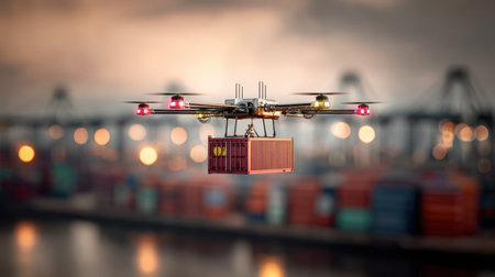 A drone hovers over a bustling port, expertly transporting a shipping container amidst an array of colorful containers. The scene captures the intersection of technology and logistics, showcasing modern aerial delivery methods against a dreamy sunset backdrop, emphasizing the future of transport.の素材